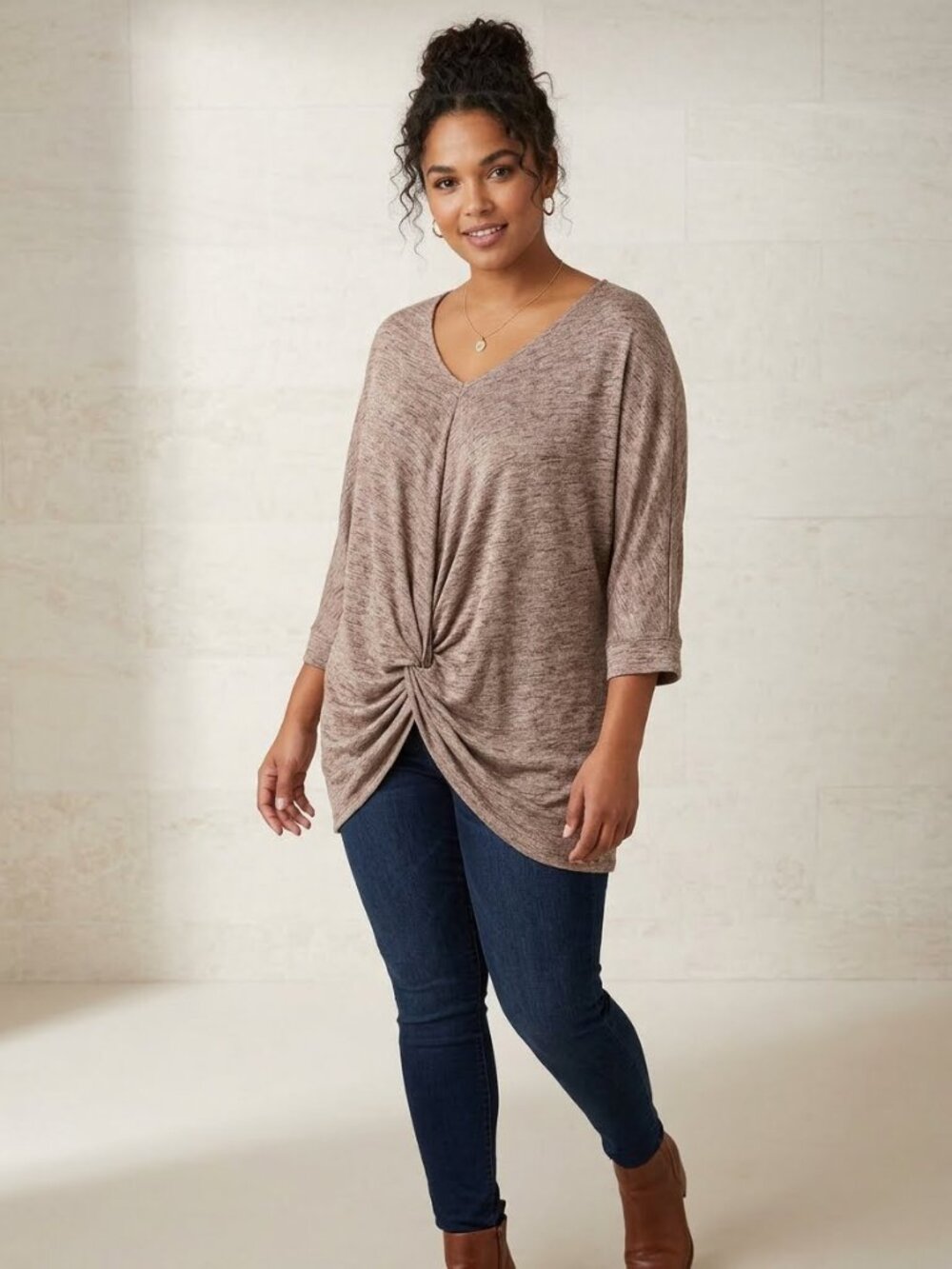 VENUS Taupe-Brown Twist Front Knit Tunic XL